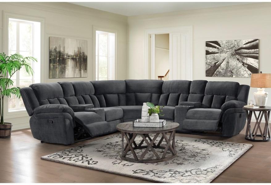 6 piece sectional with 3 recliners and 1 storage console